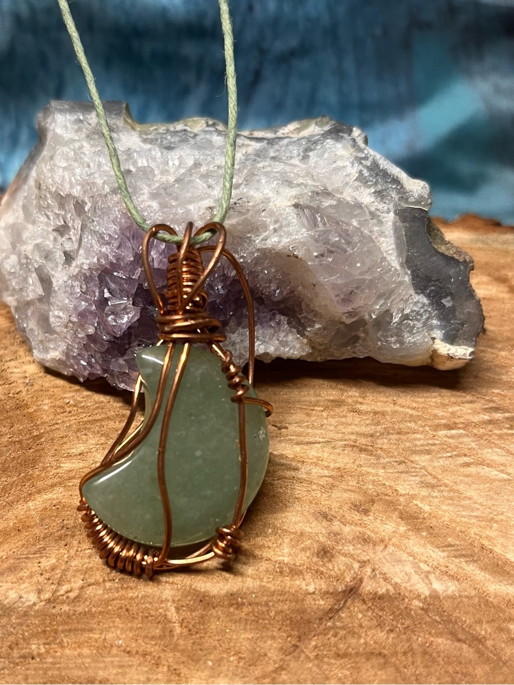 Jade Moon Pendant Necklace with Copper Wire Wrap
